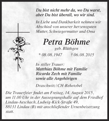 Traueranzeige von Petra Böhme von WVG - Wochenspiegel NMB / WSF / ZTZ