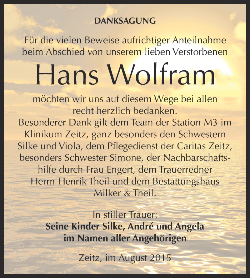  Traueranzeige für Hans Wolfram vom 22.08.2015 aus Super Sonntag Zeitz