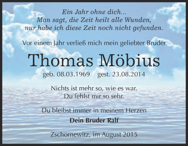  Traueranzeige für Thomas Möbius vom 22.08.2015 aus WVG - Wochenspiegel Wittenberg