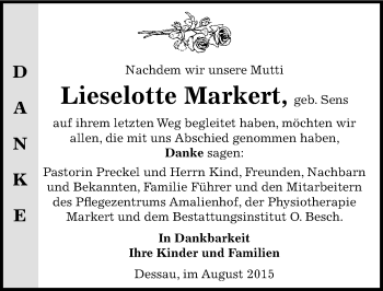Traueranzeige von Lieselotte Markert von Mitteldeutsche Zeitung Dessau-Roßlau