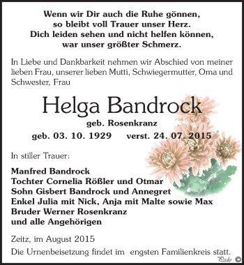 Traueranzeige von Helga Bandrock von Mitteldeutsche Zeitung Zeitz