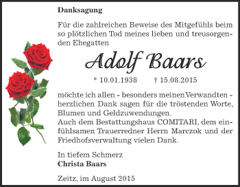 Traueranzeige von Adolf Baars von Super Sonntag Zeitz
