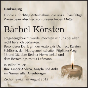 Traueranzeige von Bärbel Körsten von WVG - Wochenspiegel Wittenberg