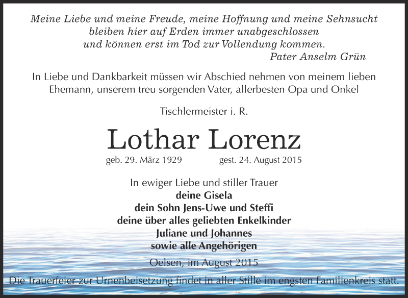  Traueranzeige für Lothar Lorenz vom 29.08.2015 aus Super Sonntag Zeitz