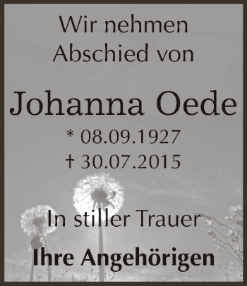 Traueranzeige von Johanna Oede von WVG - Wochenspiegel Dessau / Köthen