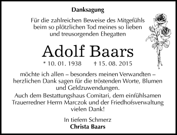 Traueranzeige von Adolf Baars von Mitteldeutsche Zeitung Zeitz