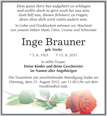 Traueranzeige von Inge Brauner von Mitteldeutsche Zeitung Halle/Saalkreis