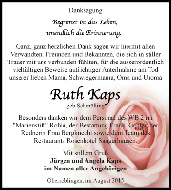 Traueranzeige von Ruth Kaps von Super Sonntag SGH Mansf. Land