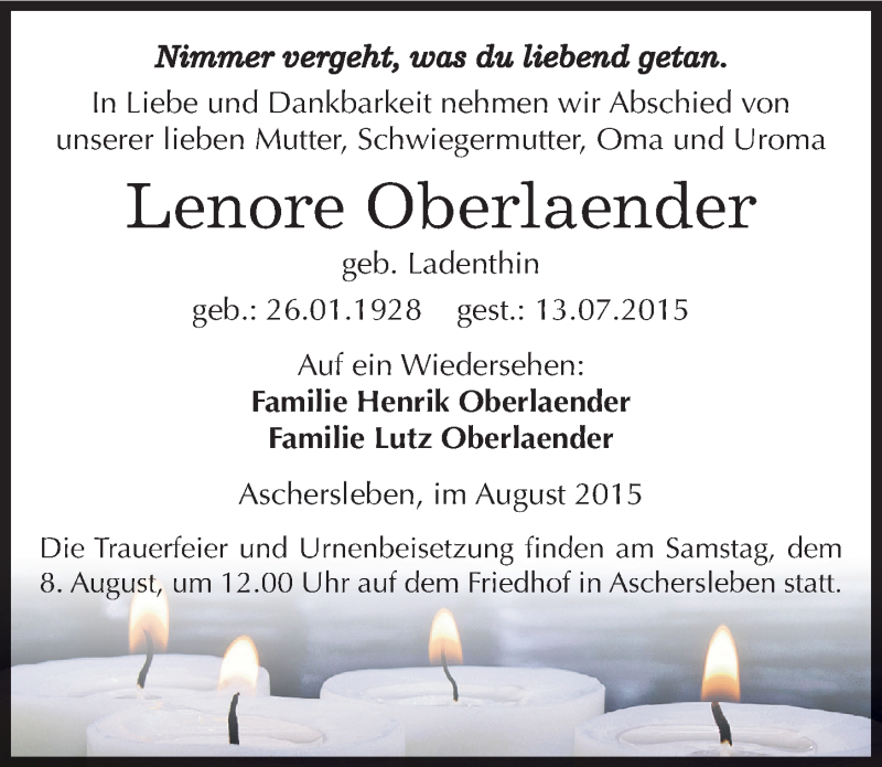 Traueranzeige für Lenore Oberlaender vom 07.08.2015 aus Mitteldeutsche Zeitung Aschersleben