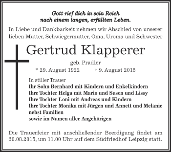 Traueranzeige von Gertrud Klapperer von Super Sonntag Bernburg