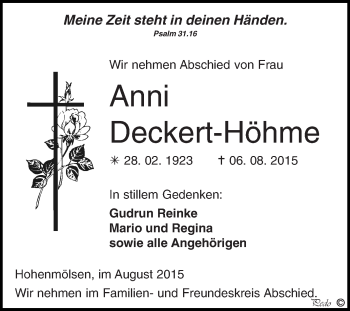 Traueranzeige von Anni Deckert-Höhme von WVG - Wochenspiegel NMB / WSF / ZTZ