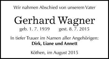 Traueranzeige von Gerhard Wagner von Mitteldeutsche Zeitung Köthen
