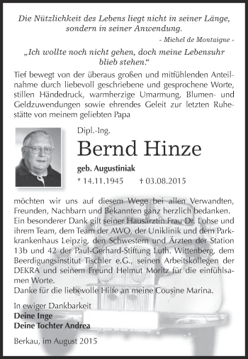Traueranzeige von Bernd Hinze von Super Sonntag Wittenberg