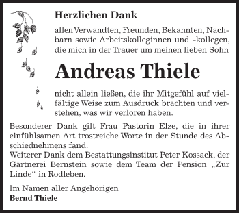 Traueranzeige von Andreas Thiele von WVG - Wochenspiegel Dessau / Köthen