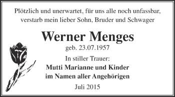 Traueranzeige von Werner Menges von WVG - Wochenspiegel NMB / WSF / ZTZ