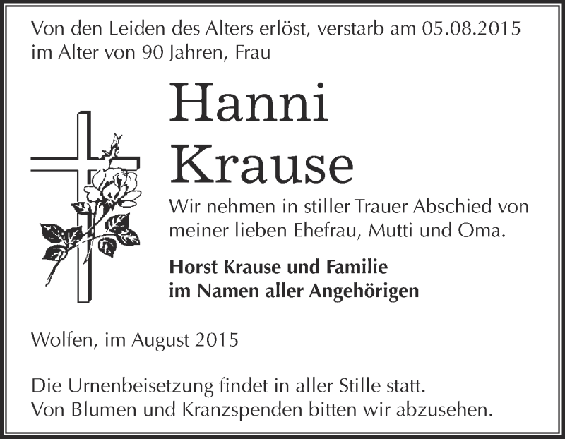  Traueranzeige für Hanni Krause vom 12.08.2015 aus WVG - Wochenspiegel Bitterfeld