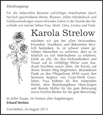 Traueranzeige von Karola Strelow von Super Sonntag Aschersleben