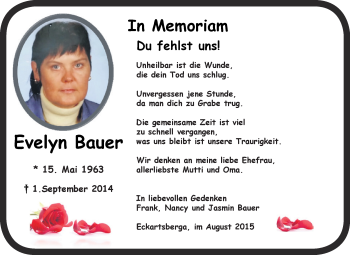 Traueranzeige von Evelyn Bauer von Super Sonntag Zeitz