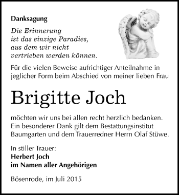 Traueranzeige von Brigitte Joch von Mitteldeutsche Zeitung Mansfelder Land