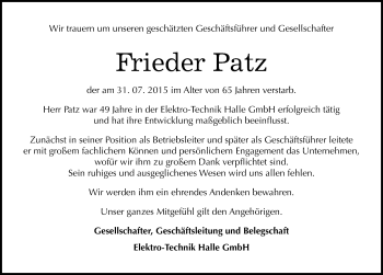 Traueranzeige von Frieder Patz von Mitteldeutsche Zeitung Halle/Saalkreis