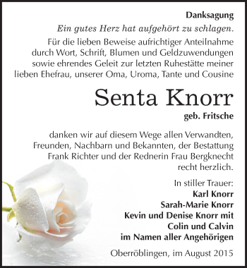 Traueranzeige von Senta Knorr von Mitteldeutsche Zeitung Sangerhausen