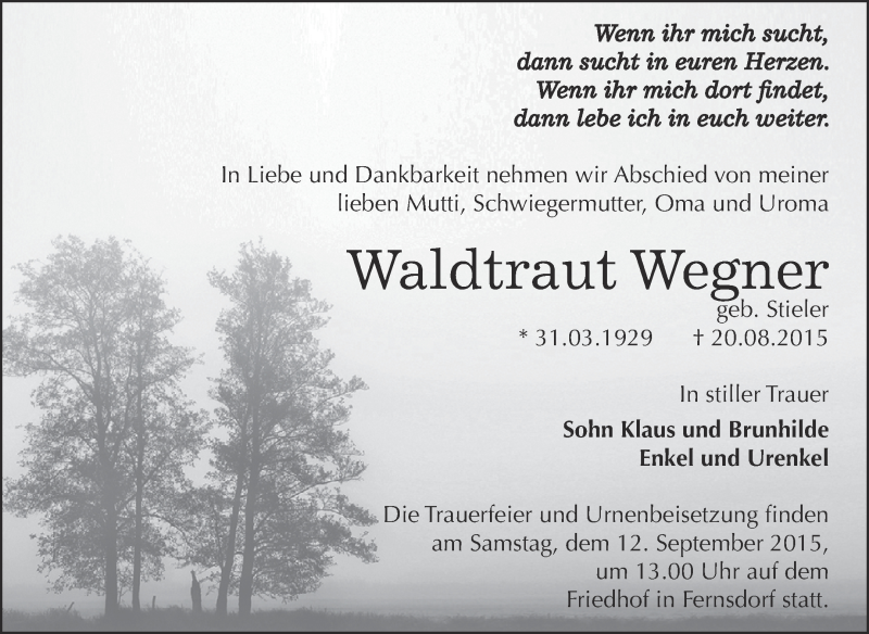  Traueranzeige für Waldtraut Wegner vom 29.08.2015 aus WVG - Wochenspiegel Dessau / Köthen