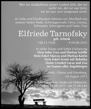 Traueranzeige von Elfriede Tarnofsky von Mitteldeutsche Zeitung Zeitz