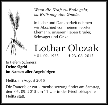 Traueranzeige von Lothar Olczak von Mitteldeutsche Zeitung Mansfelder Land
