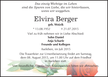 Traueranzeige von Elvira Berger von Mitteldeutsche Zeitung Mansfelder Land