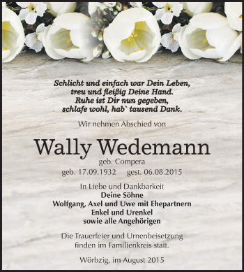 Traueranzeige von Wally Wedemann von WVG - Wochenspiegel Dessau / Köthen