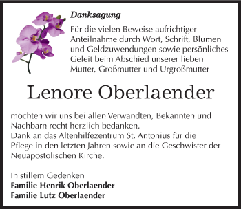 Traueranzeige von Lenore Oberlaender von Mitteldeutsche Zeitung Aschersleben