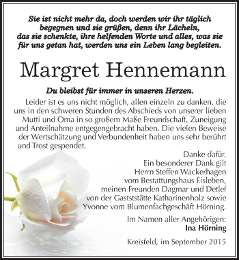 Traueranzeige von Margret Hennemann von Mitteldeutsche Zeitung Mansfelder Land