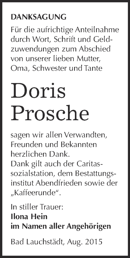  Traueranzeige für Doris Prosche vom 08.08.2015 aus Super Sonntag Merseburg