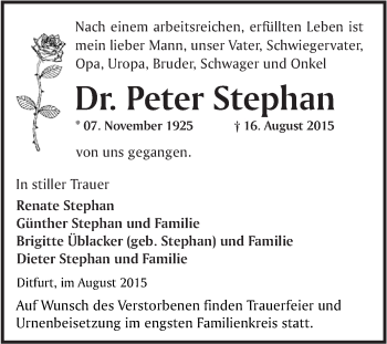 Traueranzeige von Peter Stephan von WVG - Wochenspiegel Quedlinburg