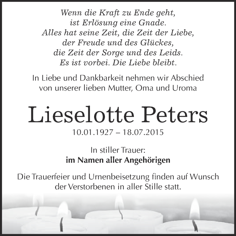  Traueranzeige für Lieselotte Peters vom 01.08.2015 aus Super Sonntag Wittenberg
