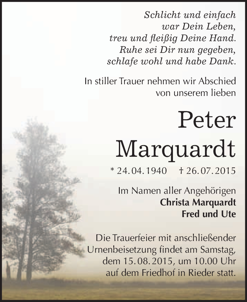  Traueranzeige für Peter Marquardt vom 08.08.2015 aus WVG - Wochenspiegel Quedlinburg