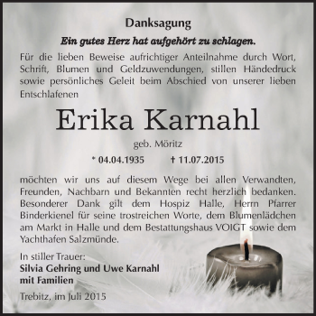 Traueranzeige von Erika Karnahl von Wochenspiegel Mansfelder Land