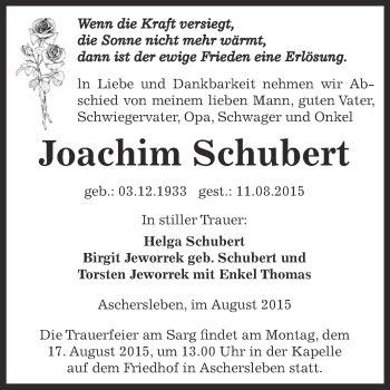 Traueranzeige von Joachim Schubert von Super Sonntag Aschersleben
