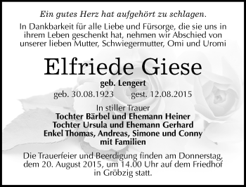 Traueranzeige von Elfriede Giese von Mitteldeutsche Zeitung Köthen