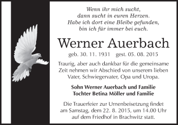 Traueranzeige von Werner Auerbach von Mitteldeutsche Zeitung Halle/Saalkreis