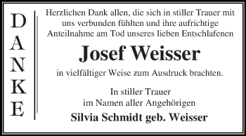 Traueranzeige von Josef Weisser von WVG - Wochenspiegel Dessau / Köthen