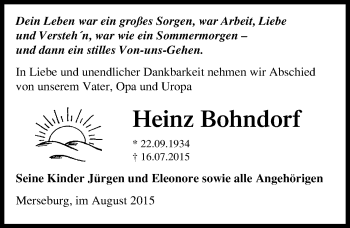 Traueranzeige von Heinz Bohndorf von Mitteldeutsche Zeitung Merseburg/Querfurt