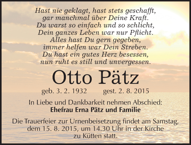  Traueranzeige für Otto Pätz vom 08.08.2015 aus Mitteldeutsche Zeitung Halle/Saalkreis