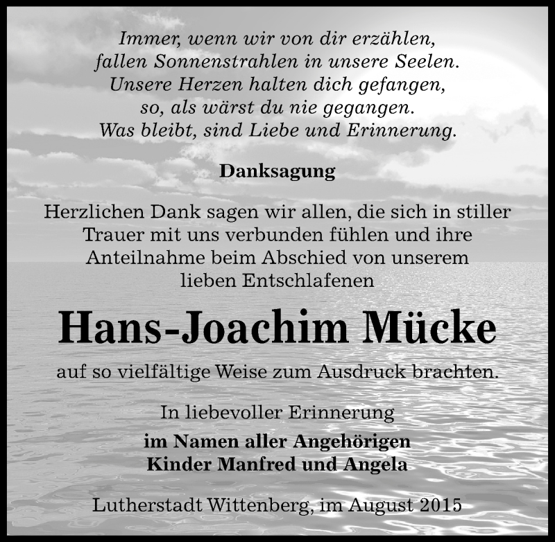  Traueranzeige für Hans-Joachim Mücke vom 22.08.2015 aus Mitteldeutsche Zeitung Wittenberg