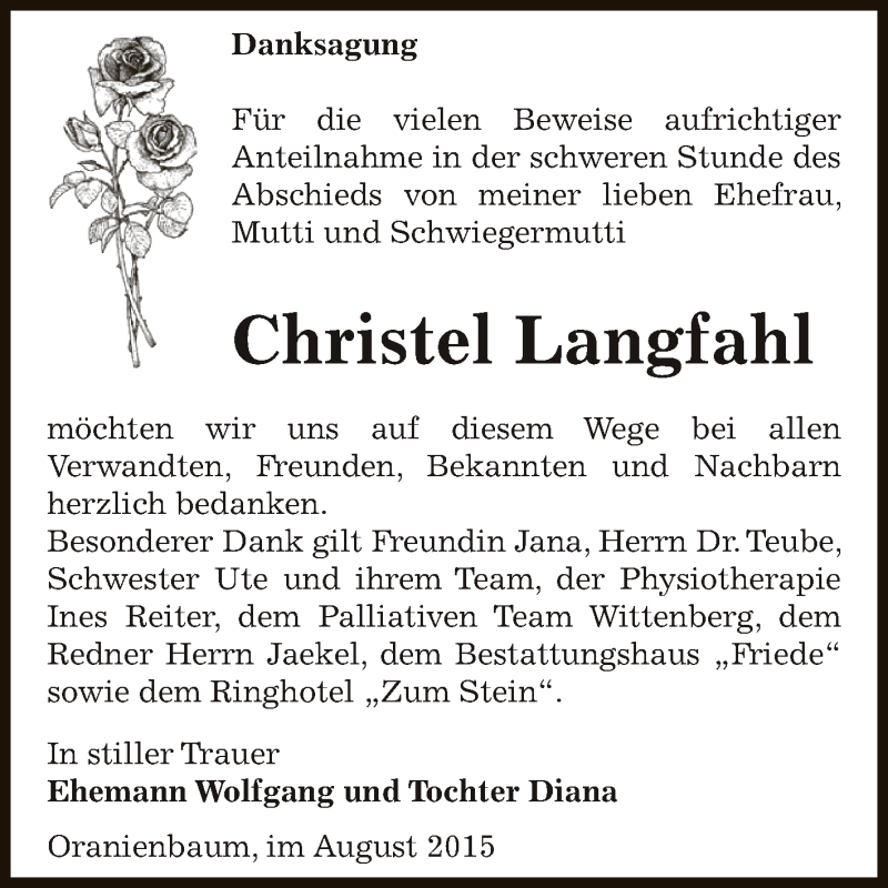  Traueranzeige für Christel Langfahl vom 22.08.2015 aus WVG - Wochenspiegel Dessau / Köthen