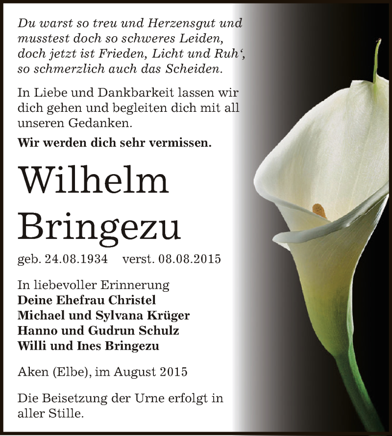 Traueranzeige für Wilhelm Bringezu vom 15.08.2015 aus WVG - Wochenspiegel Dessau / Köthen