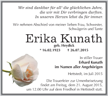 Traueranzeige von Erika Kunath von Wochenspiegel Mansfelder Land
