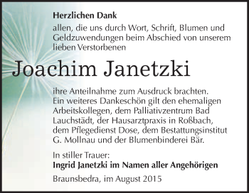 Traueranzeige von Joachim Janetzki von WVG - Wochenspiegel Merseburg