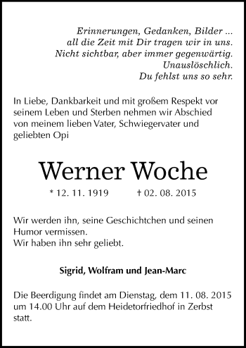 Traueranzeige von Werner Woche von Mitteldeutsche Zeitung Dessau-Roßlau