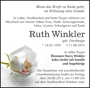 Traueranzeige von Ruth Winkler von Mitteldeutsche Zeitung Weißenfels